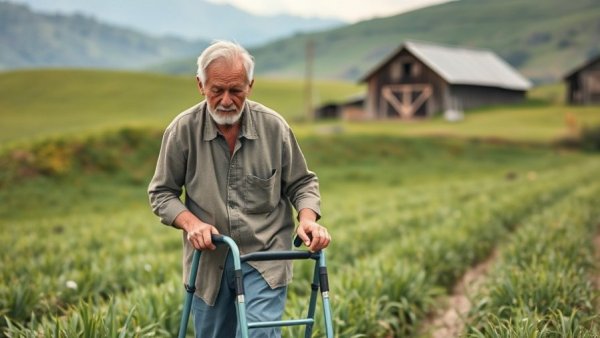 Elderly individual with a walker working in a field, help for elderly incompetence.