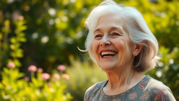 Joyful older woman enjoying a sunny day outside, promoting wellness items for older adults.