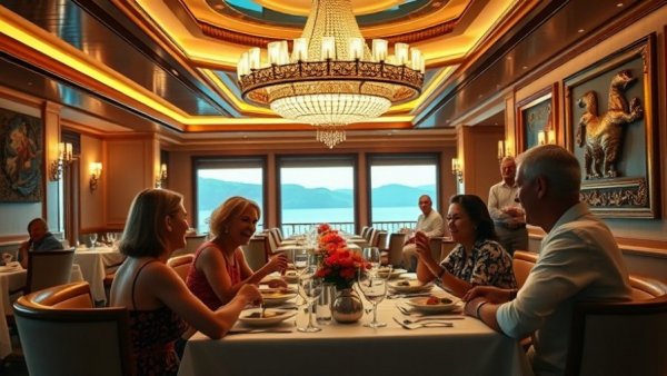 Family dining on cruise with cheerful server, opulent setting.