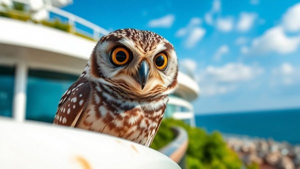 Burrowing owl perched on cruise ship deck under clear sky.