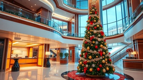 Festive Christmas tree on a river cruise ship in Europe 2026.