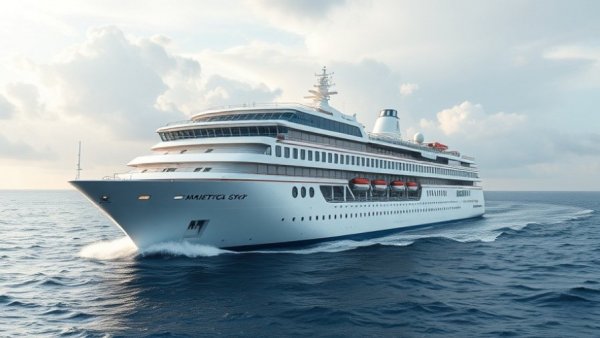 Majestic cruise ship on the open sea under a cloudy sky.