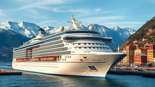 World Voyager cruise ship in coastal town, five years of service celebrated.