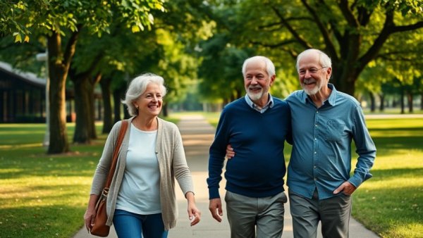 Elderly couple walking in a park highlighting the benefits of daily walks.