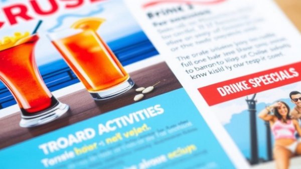 Cruise brochure showcasing drink specials and onboard activities.