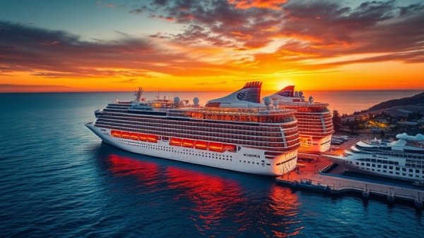 Star of the Seas cruise ship docked at sunset.