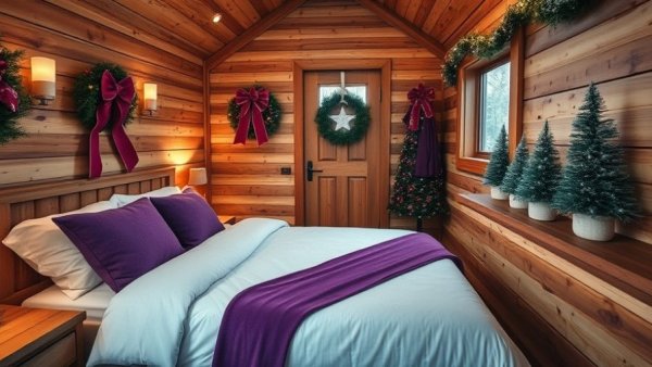 Cabin decorated for Christmas with festive elements and cozy atmosphere.
