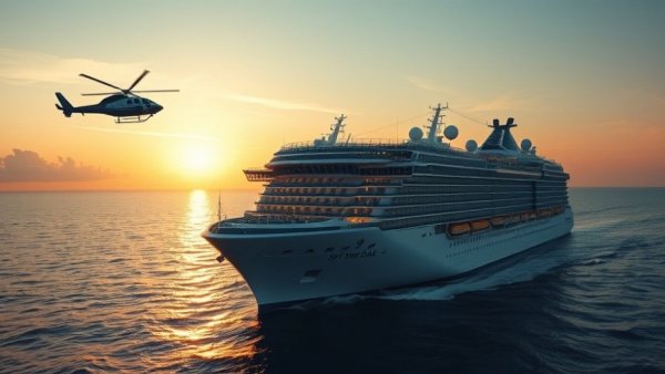Royal Caribbean Symphony of the Seas at sunset with helicopter.