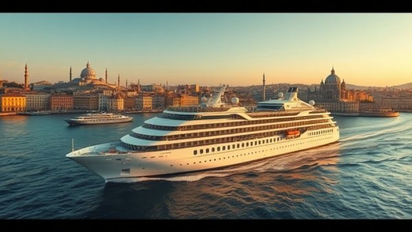 Luxurious cruise ship near historic city during sunset, MSC Magnifica upgrades.