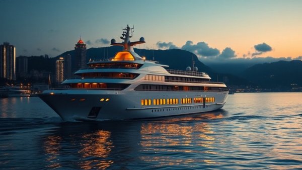 Luxurious cruise ship at twilight showcasing travel possibilities.