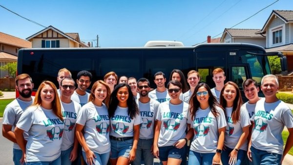 Carnival Corporation holiday outreach group gathered by a bus.