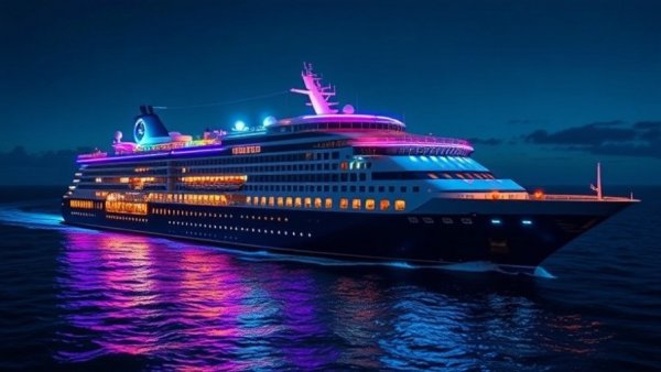 Royal Caribbean 2026 projects: illuminated cruise ship at night.
