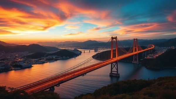 Colorful sunset over Yeosu bridge and river, Yeosu Cruise Market.