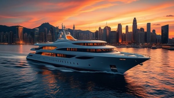 Costa Cruises ship near South American city, sunset view.