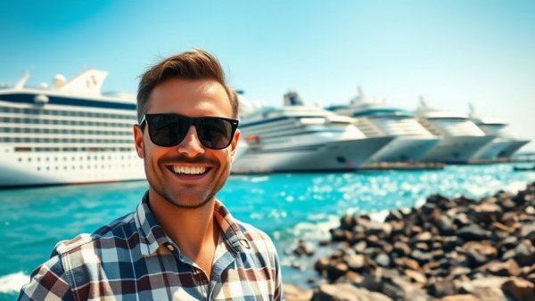 Smiling man in front of Royal Caribbean ships, sunny day.