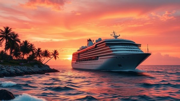 Royal Caribbean 2026 Cruise Plans sunset scene with cruise ship and palm-lined shore.