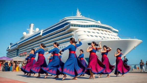 Traditional dancers perform before Seven Seas Splendor in Rio Grande port.