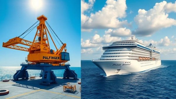 Palfinger PK 150002 marine crane with cruise ship under blue sky
