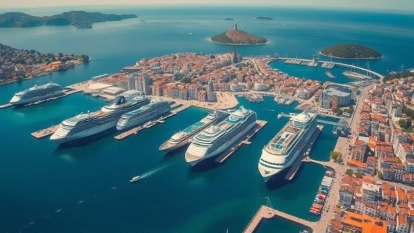 Aerial view of cruise ships at Ege Port Kuşadası, vibrant coast.
