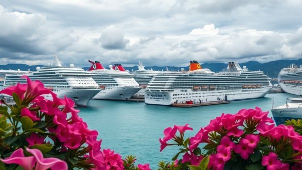 Fleet of cruise ships docked at a bustling harbor, surrounded by vibrant pink flowers and dynamic clouds, set to welcome 2026.