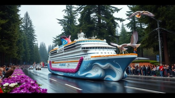 Alaska-themed float with cruise ship design at Rose Parade.