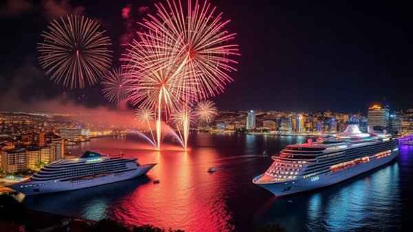 Fireworks over cruise ships in Funchal for New Year 2026 celebration.