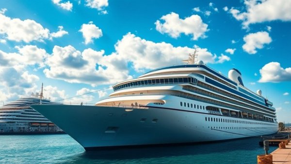 Luxury Royal Caribbean cruise ship at port, sunny day.