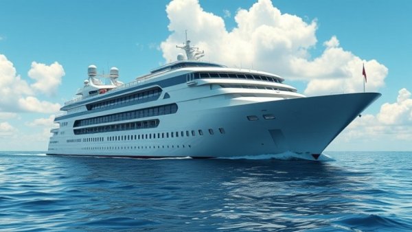 Cruise ship sailing under clear sky with fluffy clouds.