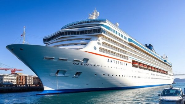 Virgin Voyages cruise ship at dock under blue sky.