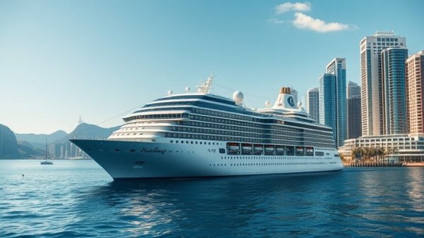 Residential Cruise Holdings cruise ship sailing near city skyline.