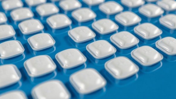 Close-up image of weight loss patches on a reflective blue grid background.