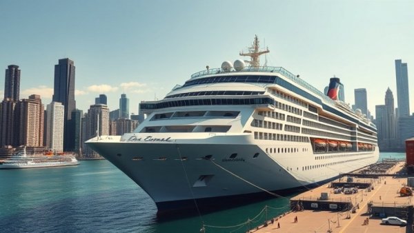 Modern cruise ship in city harbor, Russia cruise line startup.