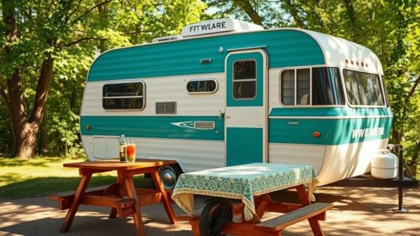 Vintage camper at a safe campsite for solo women under trees.