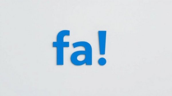 Bold blue 'fa!' on gray background, minimalist graphic.