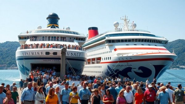 Cruise ships docking as passengers board during a bright day