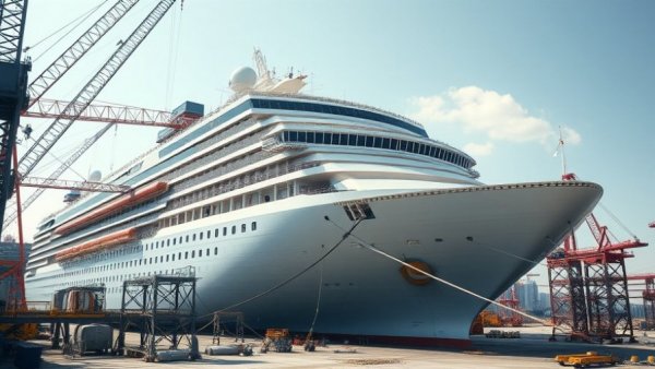 Royal Caribbean Discovery Class cruise ship under construction in shipyard.