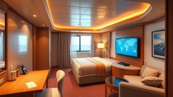 Luxury cruise cabin with elegant decor in Royal Up bidding showcase.