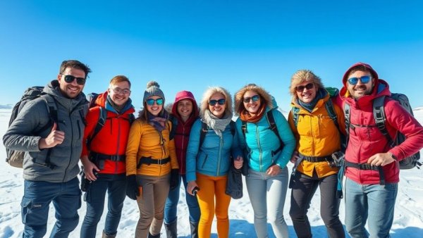 Aurora Expeditions group celebrating anniversary savings on snowy expedition.