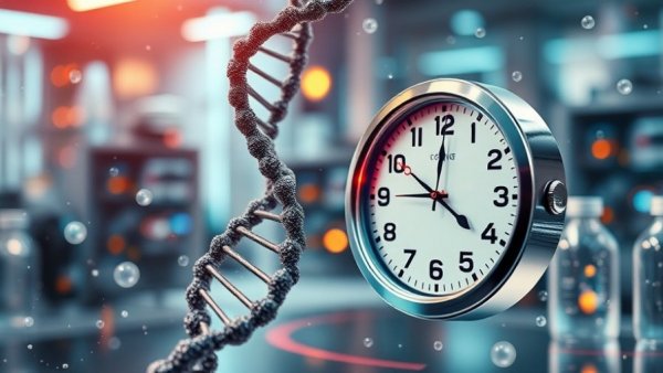 Abstract DNA and clock illustration representing aging.