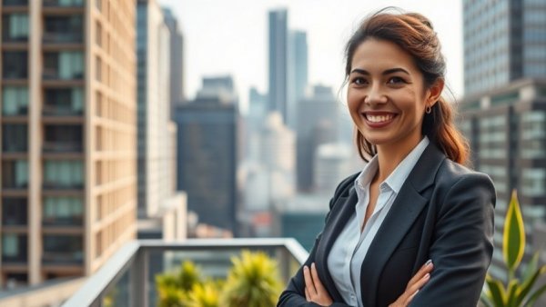 Confident businesswoman smiling on urban balcony, K-shaped economy 2026.