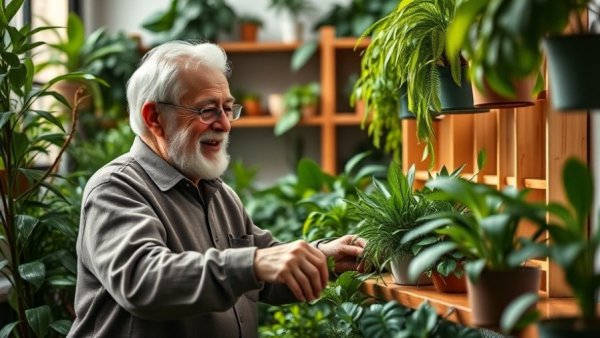 Elderly person caring for plants in warm light, indoor herb garden.