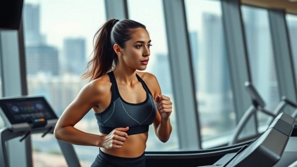 Focused woman running on treadmill in modern gym for weight loss.