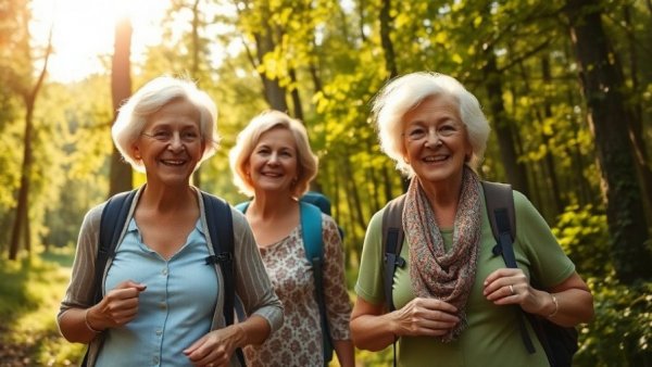 Seniors enjoying gentle outdoor activities in nature.