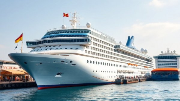 Grand cruise ship at vibrant harbor with colorful flags.
