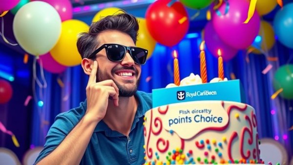 Cheerful man with Royal Caribbean Points Choice gift in festive setting.