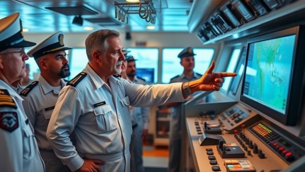 Maritime crew learning about smart mooring technology on ship's bridge.