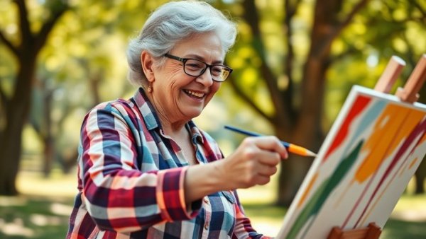 Elderly woman reconnecting with old hobbies by painting outdoors.
