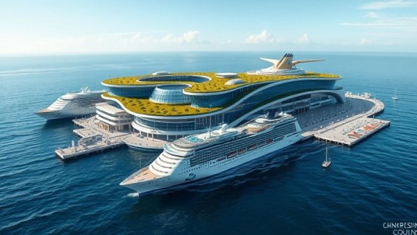 Futuristic Los Angeles cruise terminal with docked ships, aerial view.