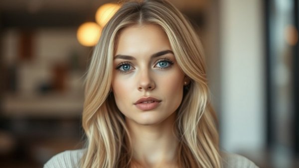Professional portrait of a blonde woman indoors with soft lighting.