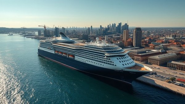 Carnival cruise ship docked with cityscape background under clear skies.